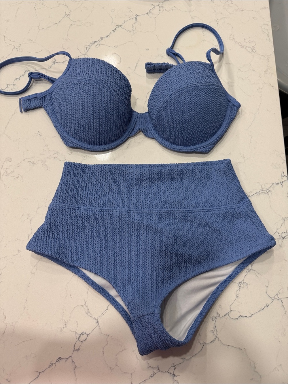 PINK Victoria's Secret Textured Blue High-Waist Bikini Set